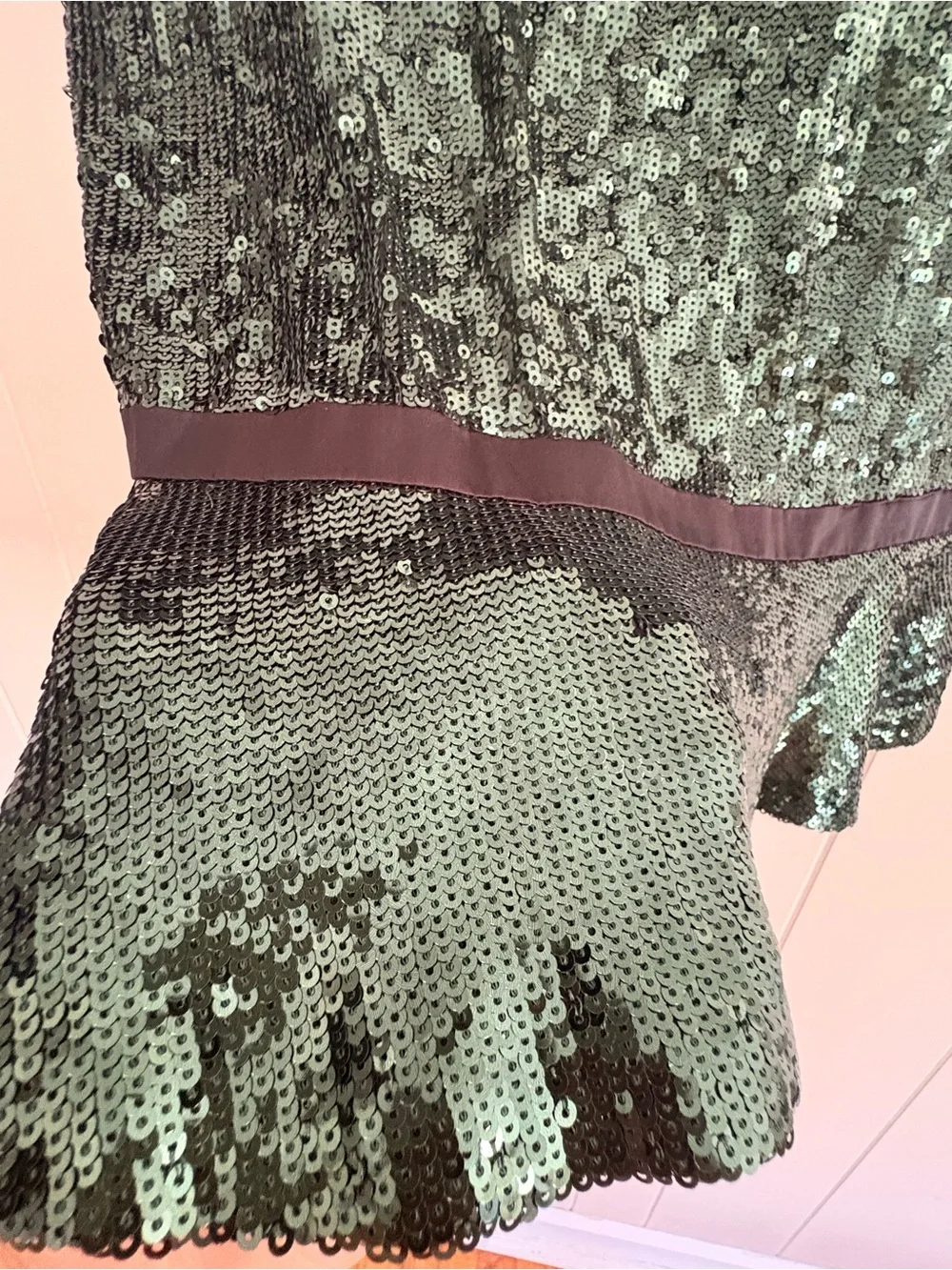 Tory Burch Emerald Green Sequin Short Sleeve Peplum Top